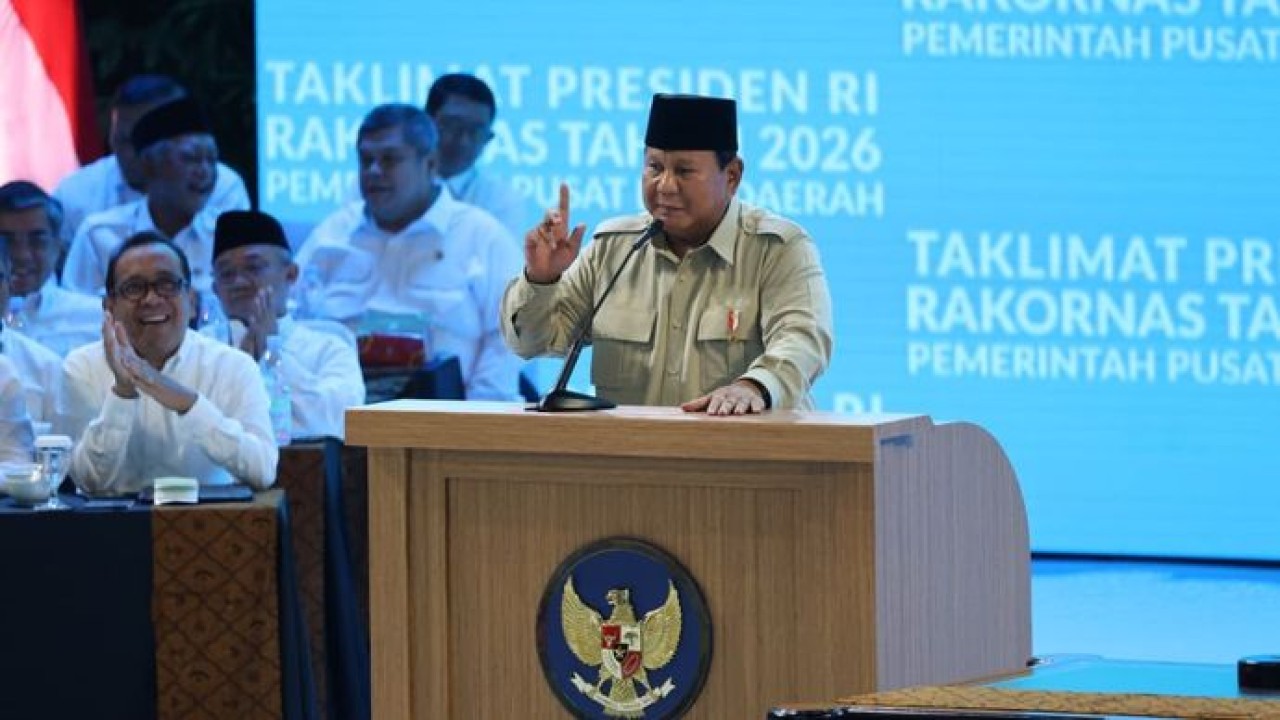 Presiden Prabowo Subianto pada Rapat Koordinasi Nasional (Rakornas) Pemerintah Pusat dan Daerah di Sentul, Kabupaten Bogor, Jawa Barat, pada Senin, 2 Februari 2026. (Sekertariat Kepresidenan)