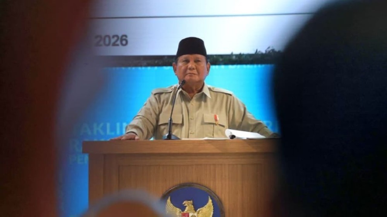Presiden Prabowo Subianto saat memberikan taklimat dalam Rapat Koordinasi Nasional (Rakornas) Pemerintah Pusat dan Daerah 2026 di Sentul International Convention Center (SICC), Kabupaten Bogor, Jawa Barat, Senin (2/2/2026). (Foto: Dok/Istimewa)