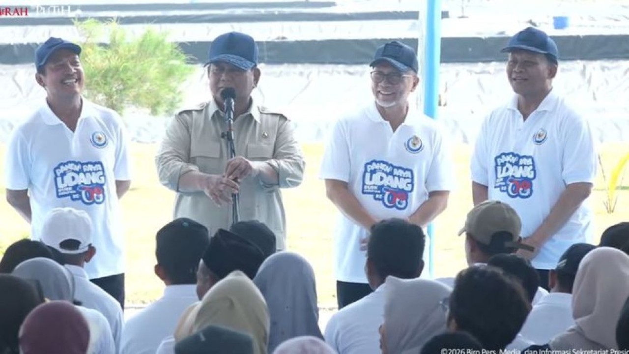 Presiden Prabowo Subianto saat menghadiri panen raya udang di Kebumen, Jawa Tengah, Sabtu, 23 Mei 2026. (Foto: Tangkapan layar)