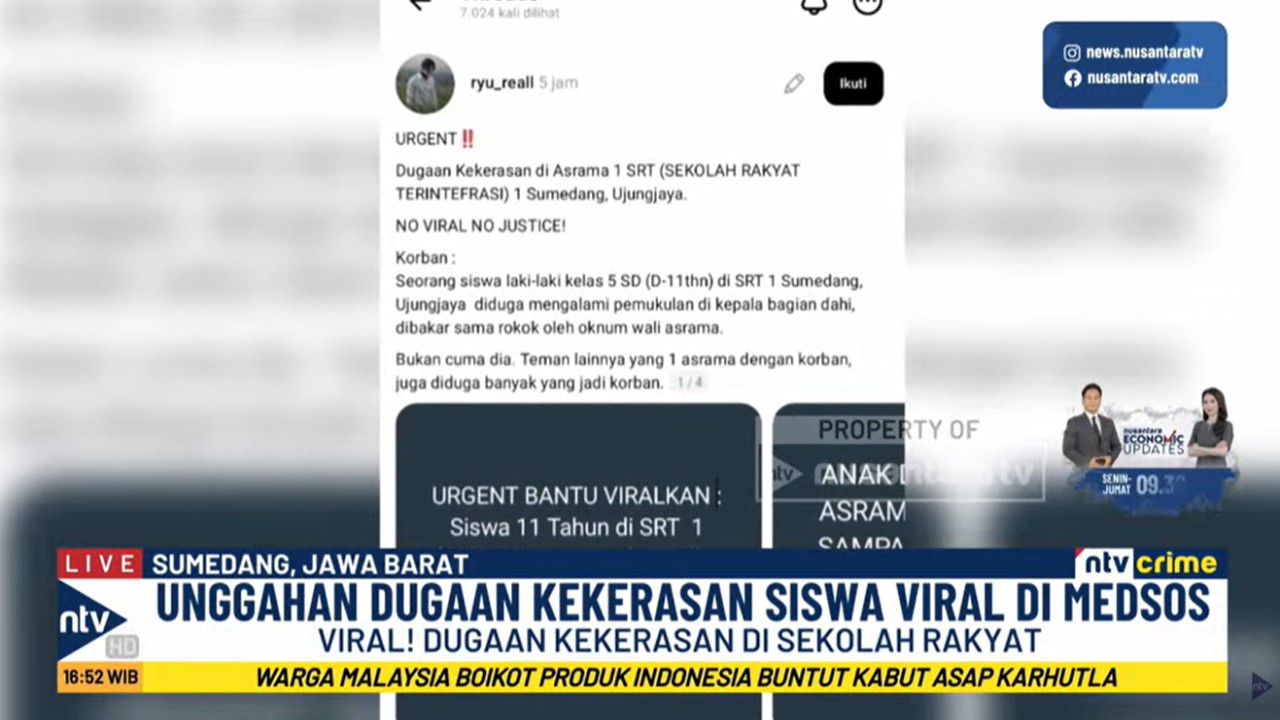Viral di media sosial dugaan kekerasan di Sekolah Rakyat Terintegrasi 1 di Sumedang, Ujungjaya, Jawa Barat.