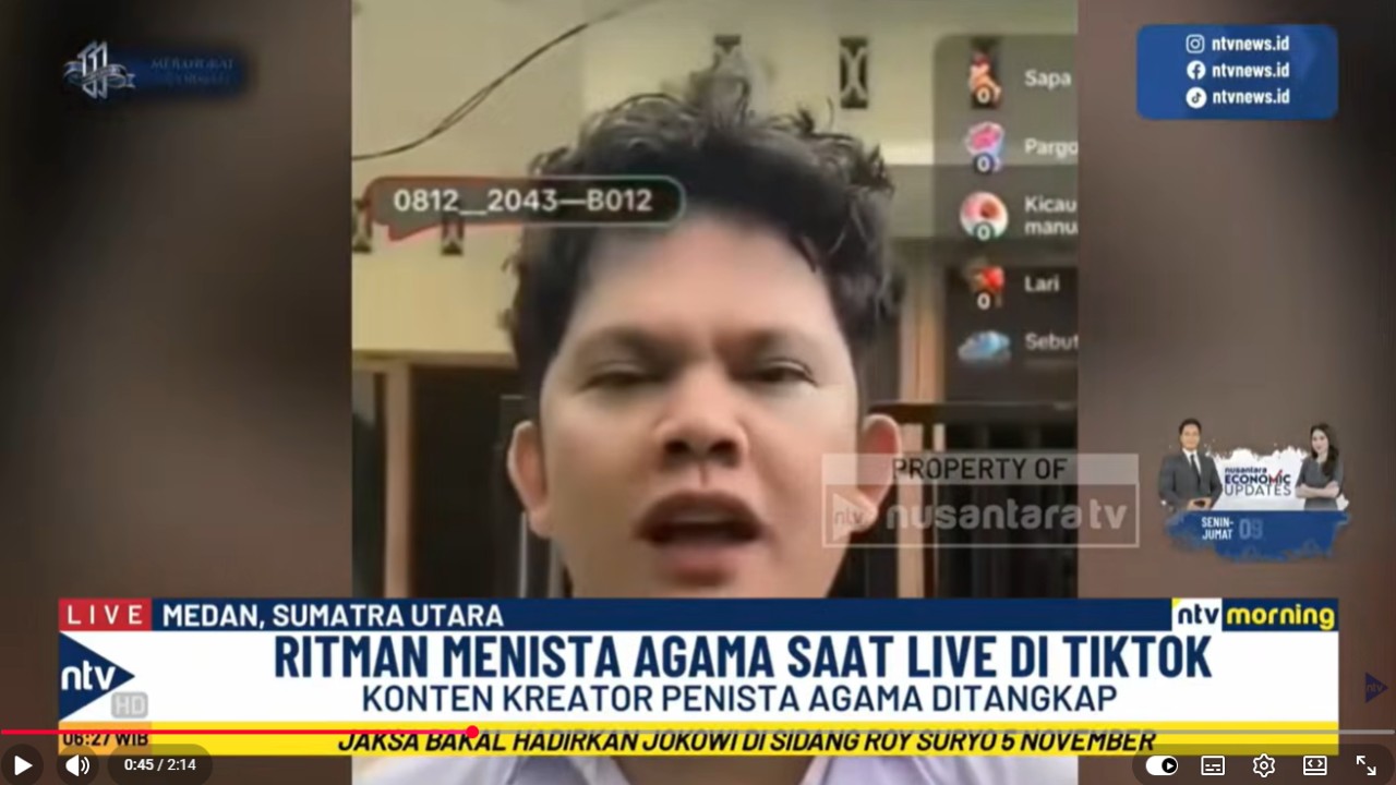 Polda Sumatera Utara menetapkan konten kreator Ritman Marbun sebagai tersangka kasus dugaan penistaan agama